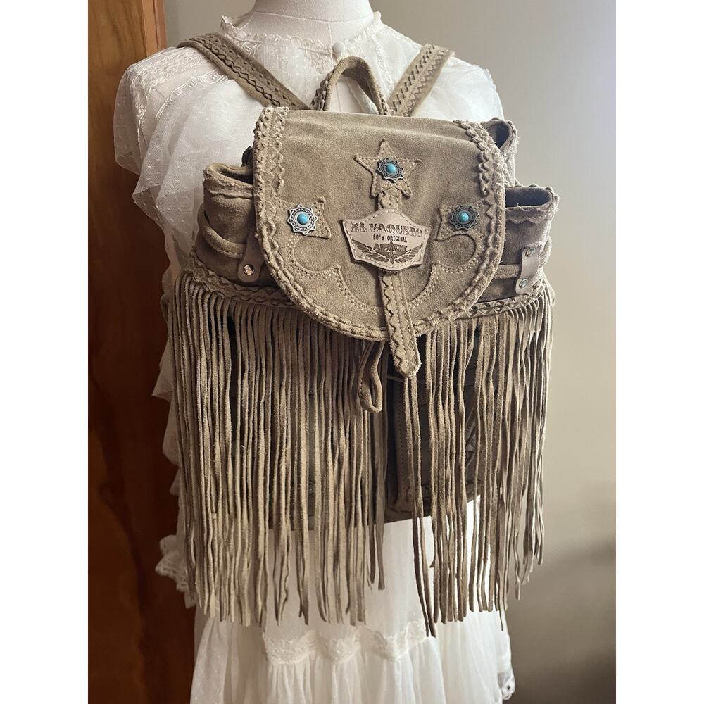 El Vaquero Backpack Fringe Boho Leather Turquoise Studded Taupe